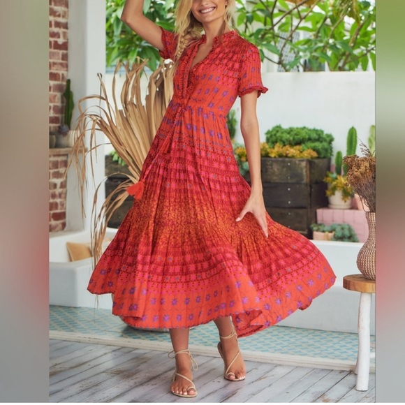 NEW FREE PEOPLE Rare Feeling Pleated Maxi Dress In Ruby Red - Picture 2 of 16